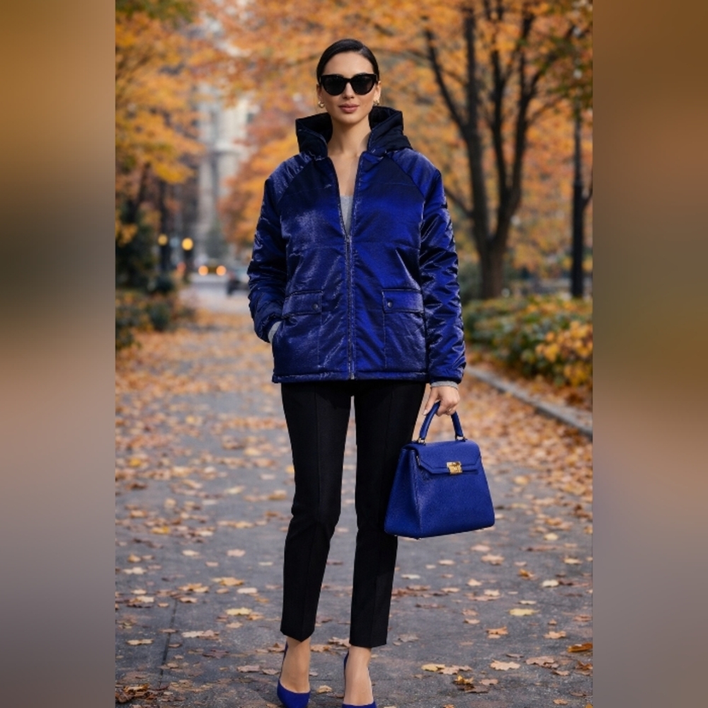 NWOT ASKYA Blue metallic puffer Small